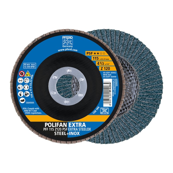 Pferd 4-1/2" x 7/8" A.H. POLIFAN Flap Disc - Z PSF EXTRA STEELOX, Zirconia, 120 Grit, Flat 60462 - main